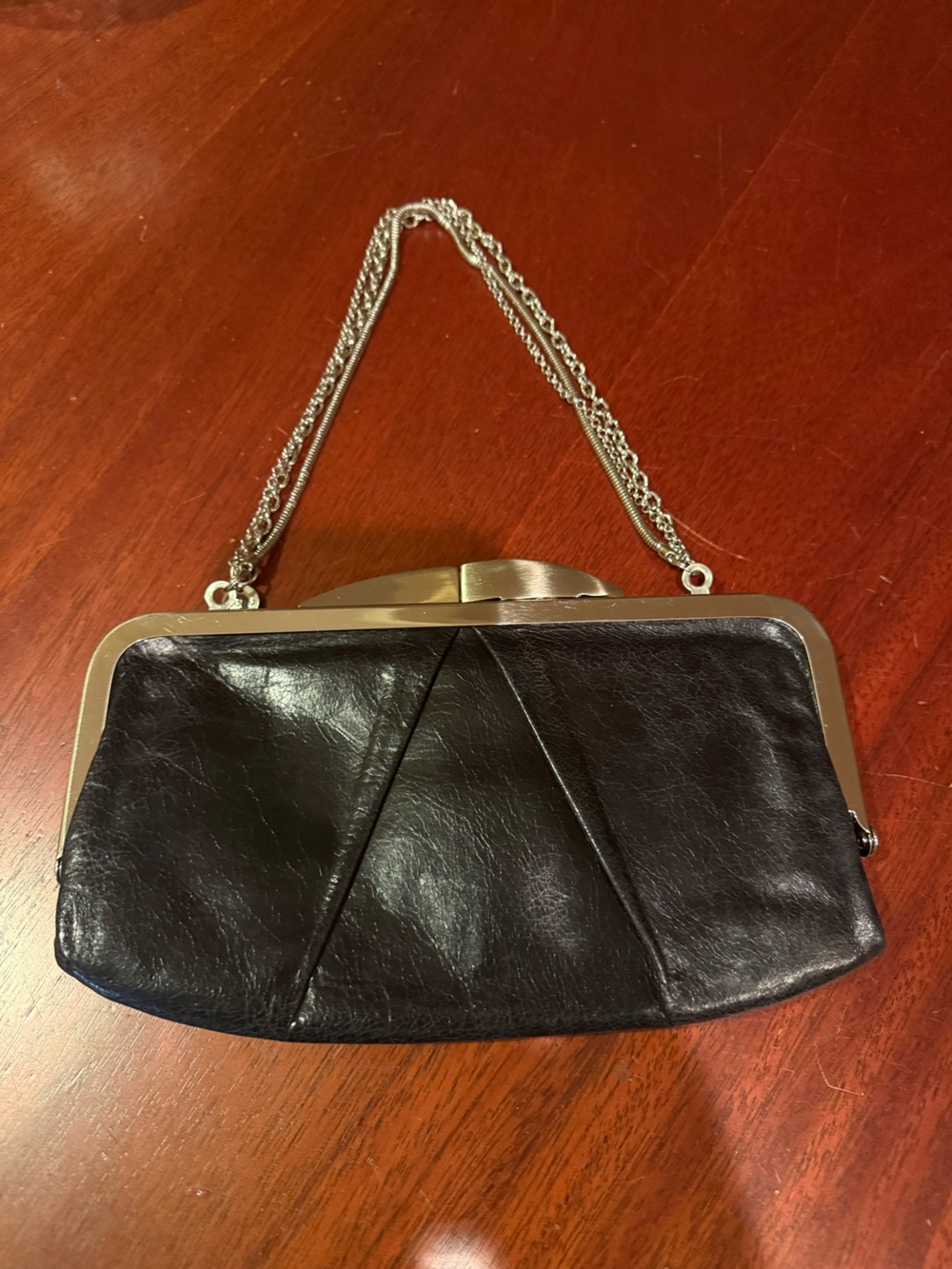 HOBO, Black Leather Frame Clutch with Silver Chain